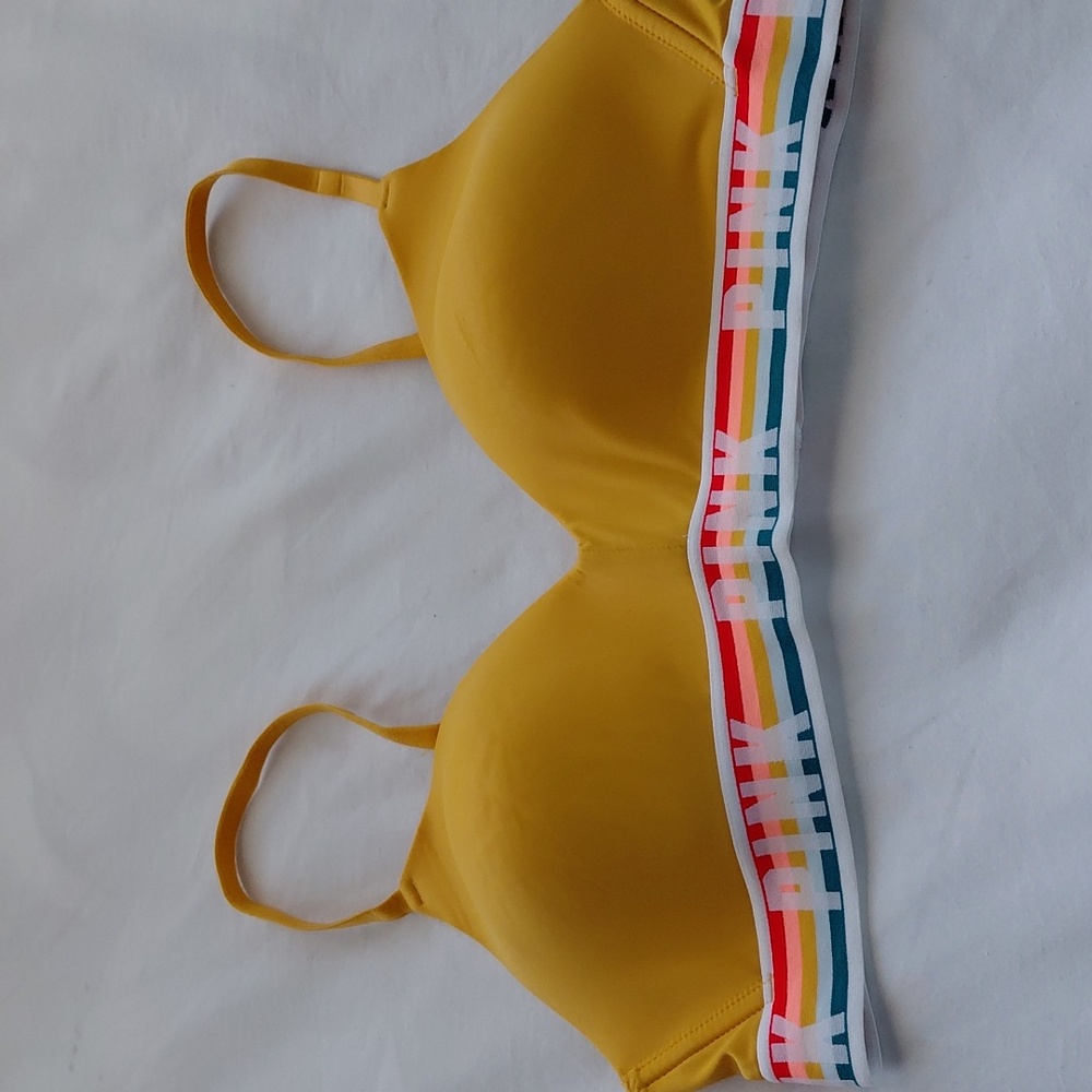 PINK Victoria's Secret Mustard Bra with Multicolor Band
